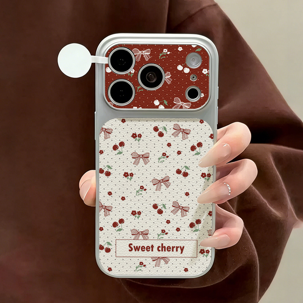Camera Leather Case - Tatlı Kiraz Fiyonklu Deri Telefon Kılıfı